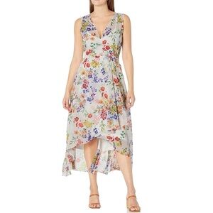 NWT Calvin Klein White Colorful Floral Chiffon Softgirl Summer Midi‎ Dress